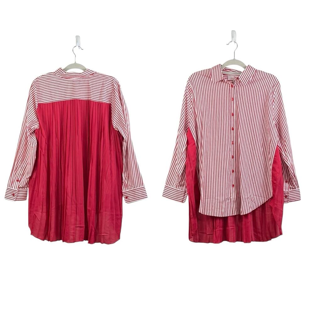 NWOT Striped Pleated Laurie Felt Button Up Tunic Shirt Medium Sheer Preppy